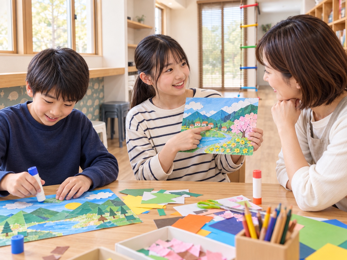 小学校中学年から高学年の児童が色紙の作品をつくり、指導員に工夫を伝える活動イメージ（AI生成）