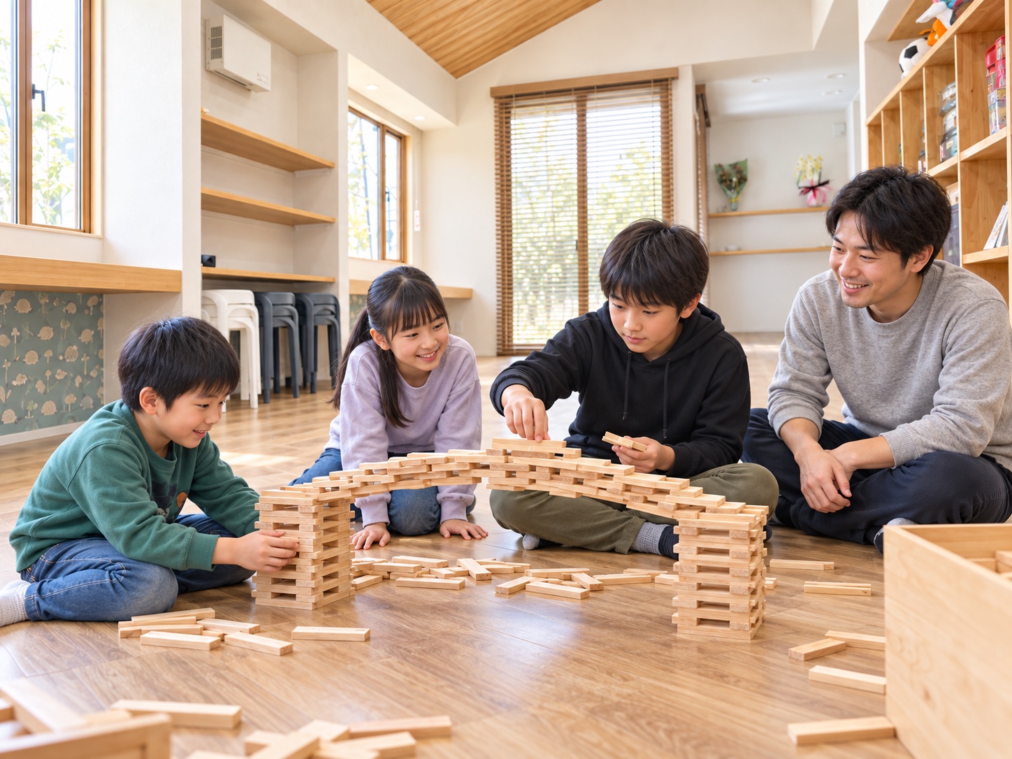 学年の異なる小学生が指導員と一緒に木のパーツで橋をつくる協力遊びのイメージ（AI生成）